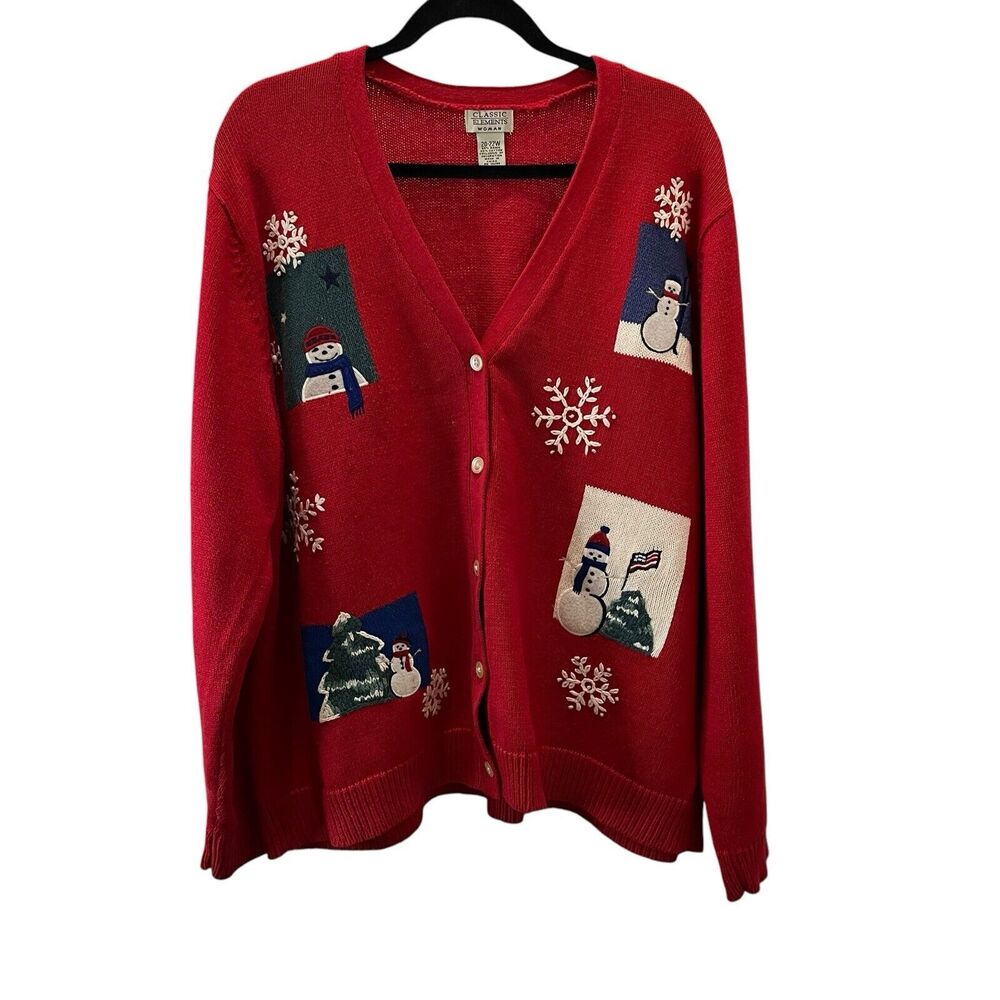 Classic Elements Ugly Christmas Cardigan Sweater Red Snowman Womens Size 20-22W